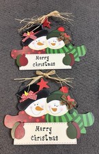 Set of 2 Wooden Snowman Wooden Merry Christmas Signs 16.5 x 11