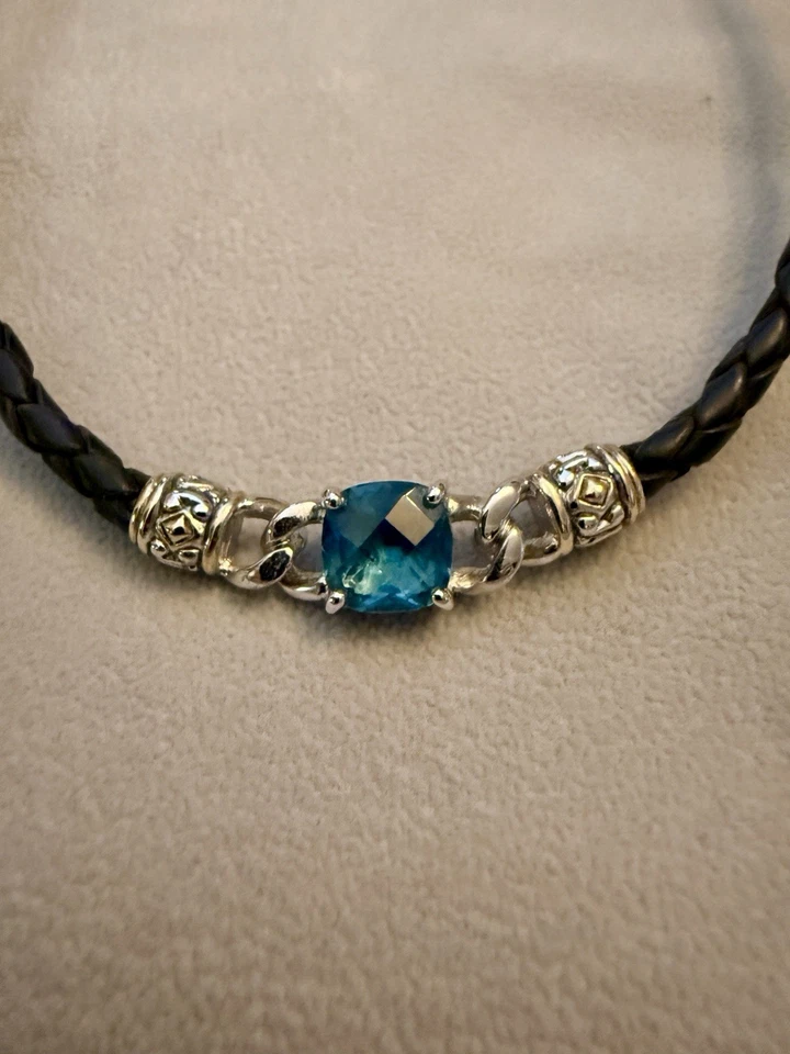 NUEVO Conjunto de Joyería de Colección John Medeiros Collar Pendientes Piedra Aqua Cuero Negro Foto 4 de 4