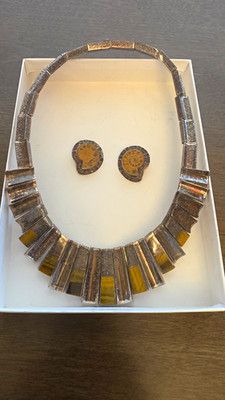 Vintage Taxco Sterling Silver Tiger's Eye Collar Necklace Earring Set TT-54 Mex