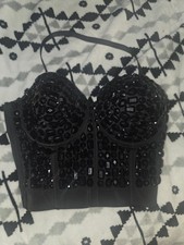 black rhinestone-embellished push-up bustier crop top featuring sparkling...