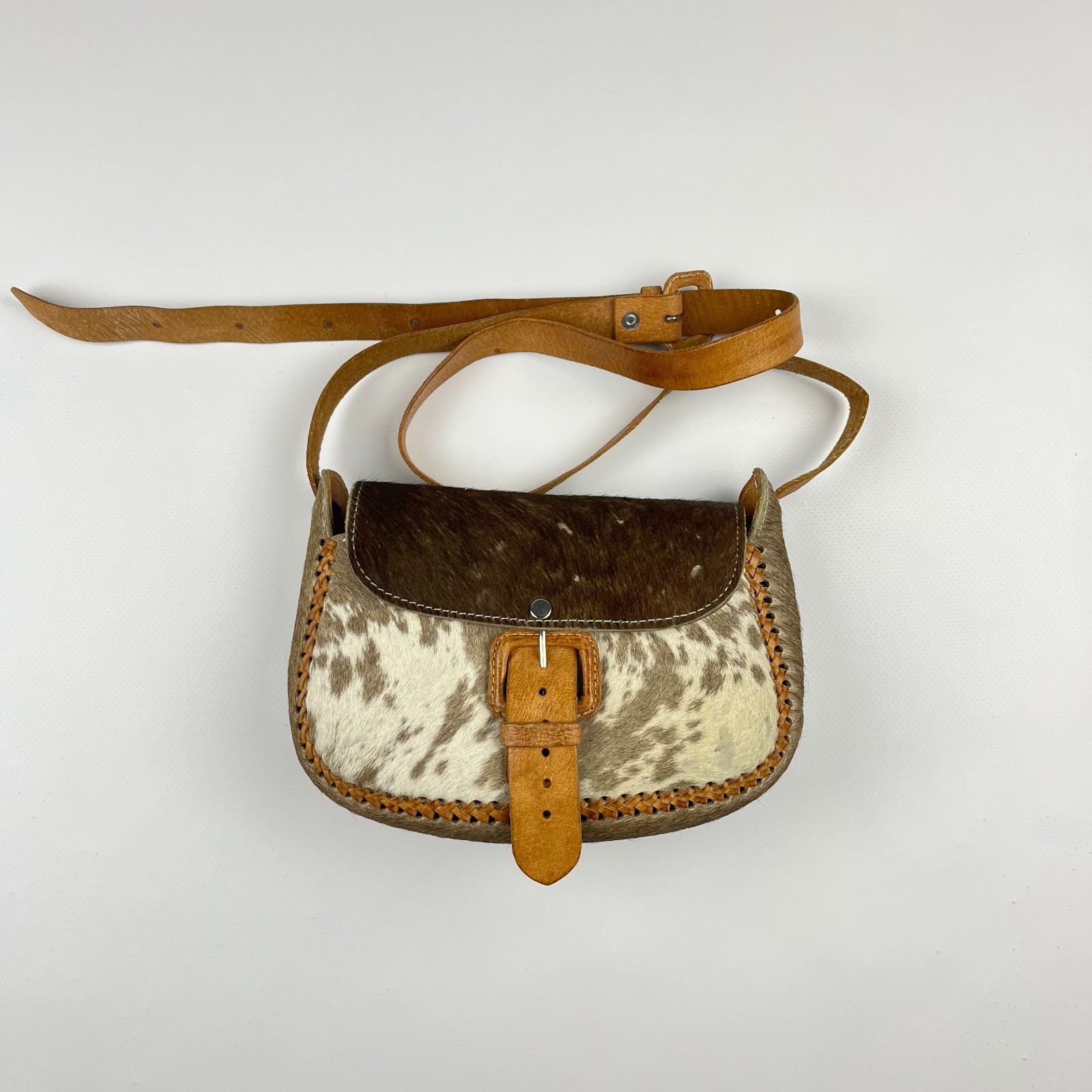 Genuine Vintage White Brown Calf Hair Leather Flap Shoulder Bag Purse