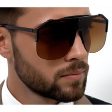 Shield Sunglasses Dark Brown Lens Style Metal Flat Top Fashion Shades Men Gafas