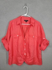 Inc International Concepts Top XXL Womens Linen Blend Coral Roll Tab Sleeves 