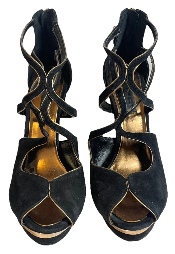 BCBG Maxazria Tirantes 5” Tacones Altos 9B Negro Gamuza Borde Dorado Concurso Formal Ciudad Foto 3 de 4