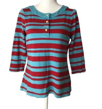 Talbots Women's S Striped Top Red and Blue Gold Buttons 100% Pima Cotton 3/4