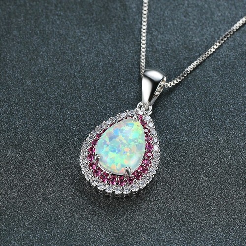 Natural Fire Opal 2Ct Pear Cut Teardrop Pendant Pave Charm 14K White Gold Plated - Picture 5 of 6
