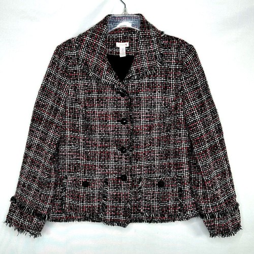 Chicos Tweed Boucle Blazer rosa schwarz weiß Fransen klassisch Officewear Gr. 2 (L)