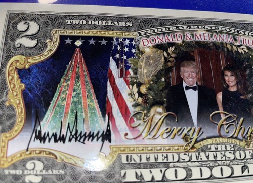 DONALD TRUMP MELANIA Merry Christmas 2 Two Dollar Bill Legal Tender Bank dollars - Picture 6 of 7