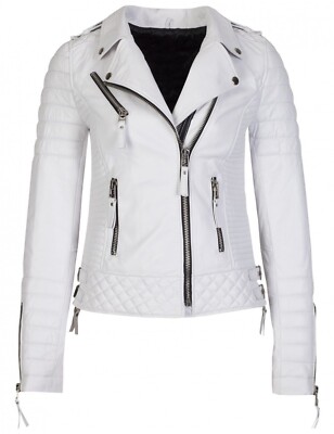 STYLISH New Women's White Jacket 100% Real Lambskin Moto Biker Coat Jacket