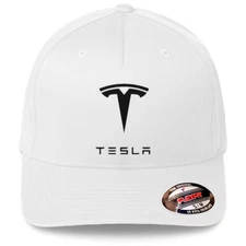 Tesla Motor Black Logo White Hat Flexfit Baseball Cap Printed Emblem S/M & L/XL
