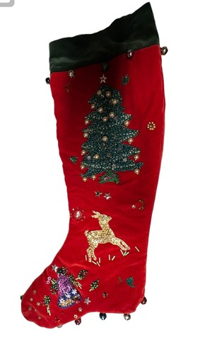Vintage Velvet Sequins, Beading, Bells Tree, Deer, Bell 23" Christmas Stocking - Picture 2 of 8