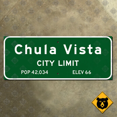 Chula Vista California city limit sign boundary highway road sign 1960 27x11