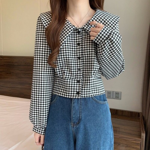 Lady Houndstooth Blouse Shirts Crop Tops Long Sleeve Button Casual Retro Fashion - Picture 8 of 16