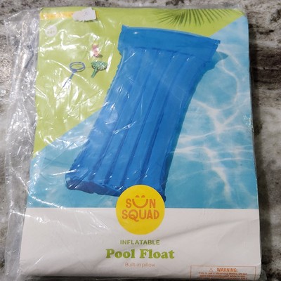 Sun Squad Inflatable Pool Float Built-in Pillow 5ft 7 1/2'' long Blue NEW