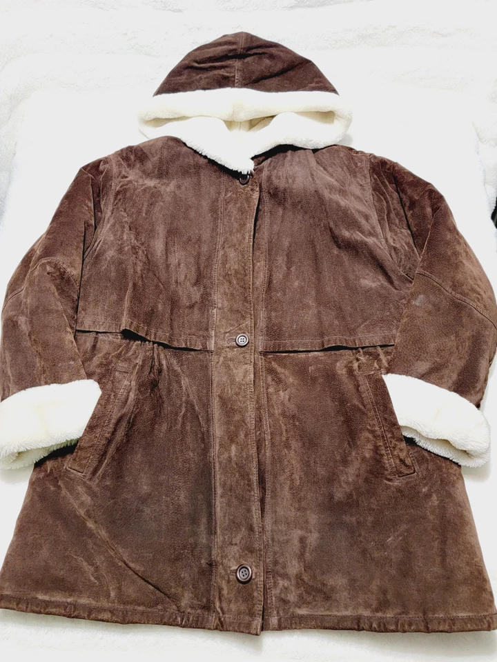 Wilsons Cuero Genuino Mujer’s XL Marrón Abrigo Chaqueta Invierno Gamuza Forrado con Capucha