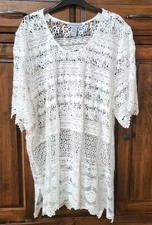 Catherines Ivory Lightweight Cotton Artsy Boho Crochet Overpiece Topper Plus 2X