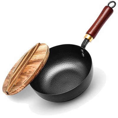 Carbon Steel Wok Pan with Wooden Lid, 7.8-Inch (1.6QT) Small Wok, Cold-Forged...
