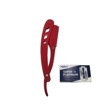 Straight Edge Shaving Razor Red Stainless Steel Folding Handle 10 Blades