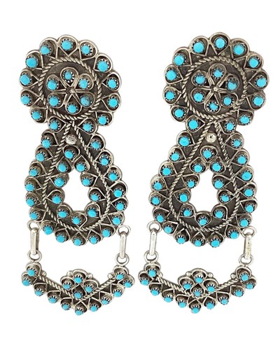 Jesse Johnson, Earrings, Turquoise Cluster, Petit Point, Zuni Handmade, 3" - 第 1/4 張圖片