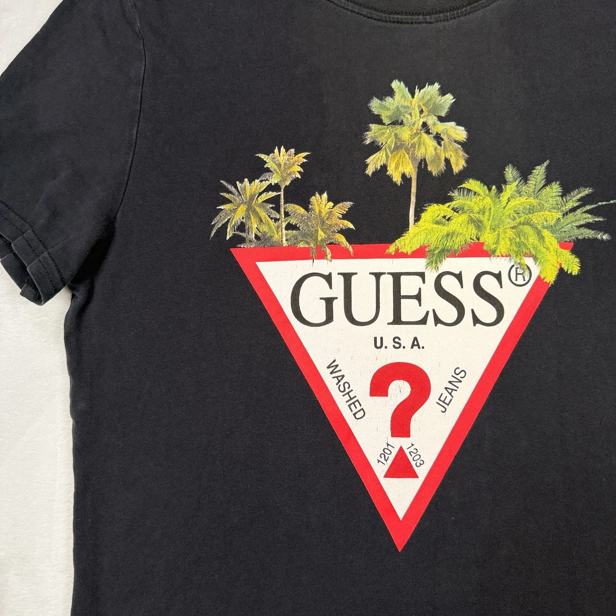Camiseta gráfica para mujer GUESS talla pequeña negra manga corta jeans logotipo clásica