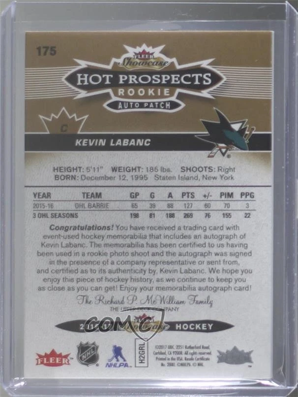 2016 Fleer Showcase Hot Prospects Autos Kevin Labanc RPA Rookie Patch Auto RC - Image 2 of 2