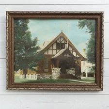 C1900-40 Wallace Nutting Style Hand Colored Photo Craftsman Tudor Bungalow House