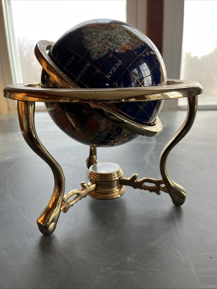 Piedra preciosa de lapislázuli azul vintage globo base de latón 34" Foto 2 de 4