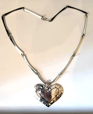 VINTAGE Jeep Collins Sterling Silver HAMMERED HEART Pendant Bar Link Necklace