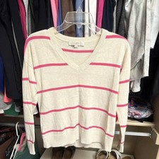 LOFT Knit Striped Lightweight Pullover Sweater V-Neck Ivory Pink Women XS