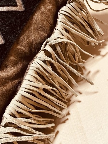 Vintage Southwest Western Real Leather & Suede Fringe Waterpots Appliqué Pillow - Picture 9 of 14