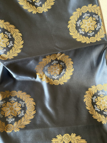 Medaglione foglia di alloro vintage tessuto seta jacquard damascato ~ ardesia blu oro - Foto 7 di 10