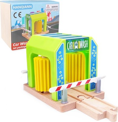 Wooden Car Wash Playset with Truck, Compatible with Train Railway Expansion