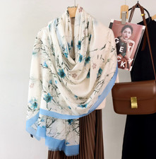 100 Wool Scarf Bandanna 200cmX100cm Blue floral Print Neckerchief Shawl wrap