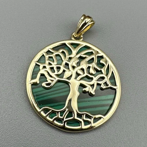 Tree of Life Round Malachite Pendant 925 Sterling Silver and GP Stamped! - product listing photo