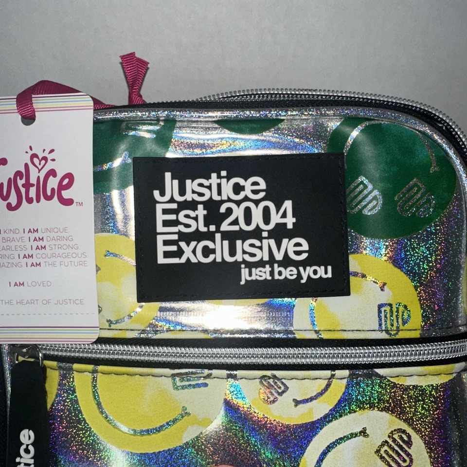 JUSTICE Girls Teal Lunch Box Bag Smiley Face's with Flowers 60's NEW With Tags. - Image 3 of 4