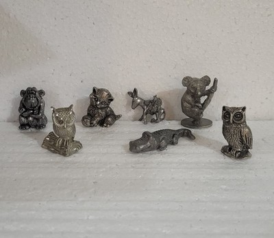 Vintage Pewter Animal Menagerie: Monkey, Cat, Donkey, Koala, 2 Owls & Alligator