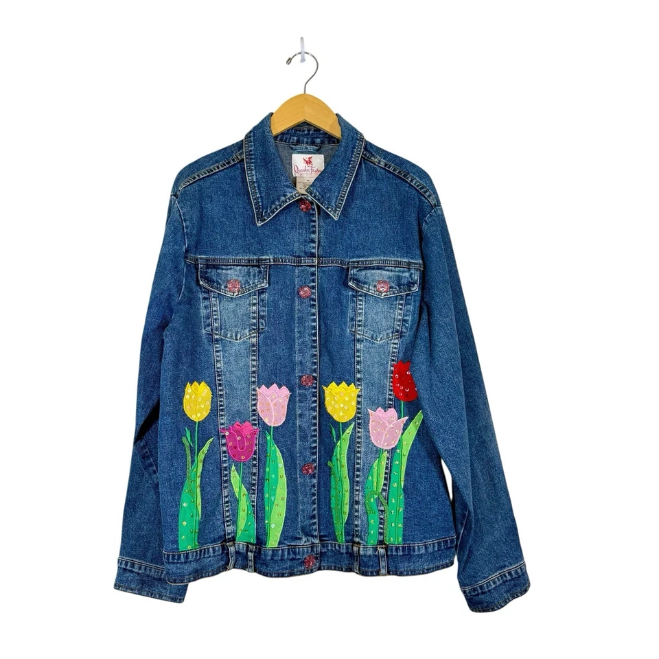 Quacker Factory Sz XL Denim Jacket Funky Art-to-Wear Tulip Floral Patches Boho - Image 2 of 4