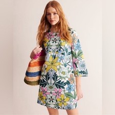 Boden Flare Linen Floral Mini Dress 3/4 Sleeve Size 16