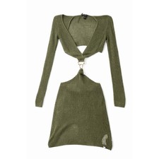 PRETTYLITTLETHING Olive Green Crochet Cut Out Ring Detail Long Sleeve Dress