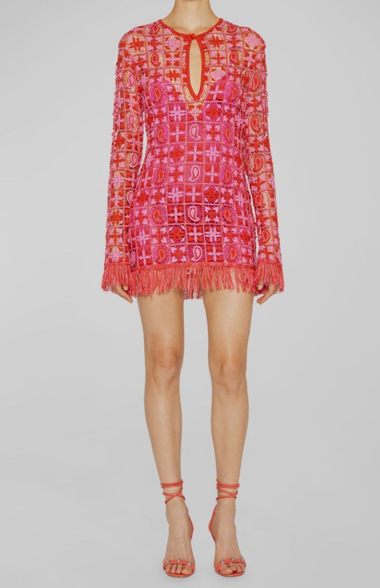 etro crochet dress $2570 Women's Pink Paisley Fringe-Trim Short Mini Size 44 Crochet effect Length:Midi length tie neck Those bold magenta bridesmaid Creative Director Marco de