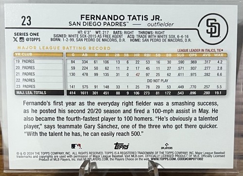 2024 Topps Baseball #23 - Fernando Tatis Jr - San Diego Padres - Picture 2 of 2