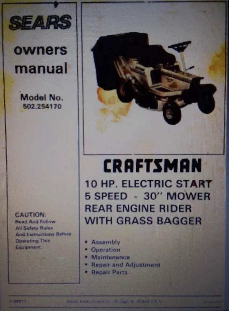 Sears Craftsman 10 hp Riding Lawn Mower Owner Service Parts