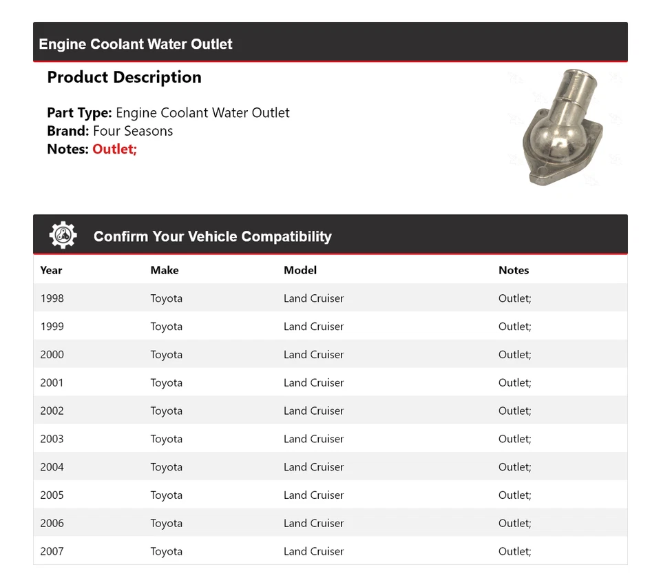 For 1998-2007 Toyota Land Cruiser Engine Coolant Water Outlet 4 Seasons 1999 - Image 2 of 4