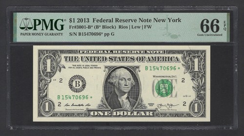 United States-Federal Reserve 1 Dollar 2013 Fr#3001-B* (B* Block) UNC Grade 66