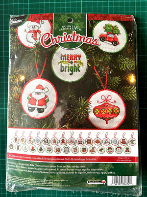 MINI WEIHNACHTSSCHMUCK Kreuzstich Set - 30er Set - Bucilla 86672 + Rückseite