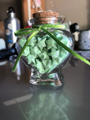 Origami Lucky Stars  I Love You  in Heart Shaped 3inx3in Jar Handmade (Green)