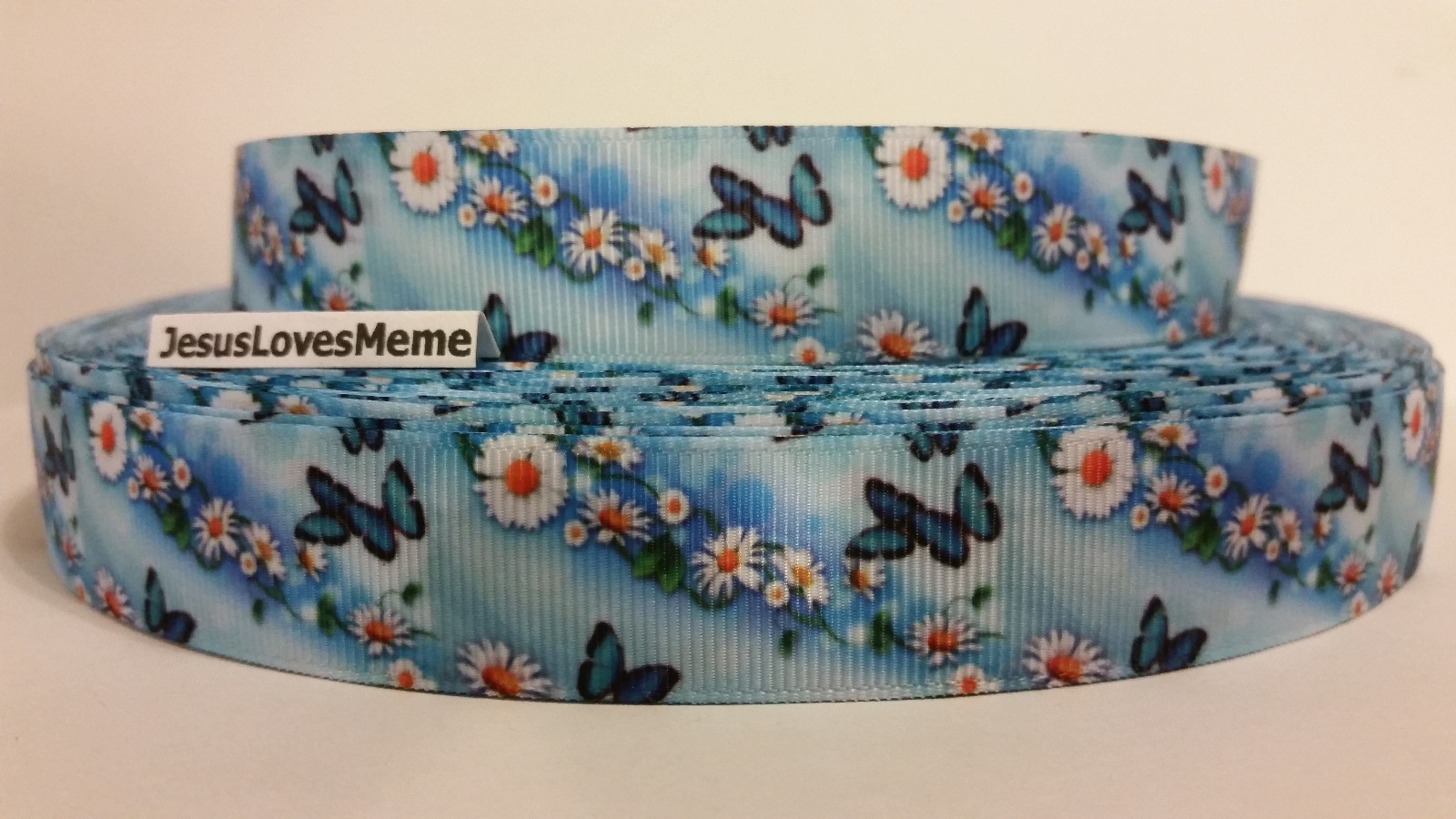 Grosgrain Ribbon Blue Green Butterflies with Daisies on Blue Butterfly ...