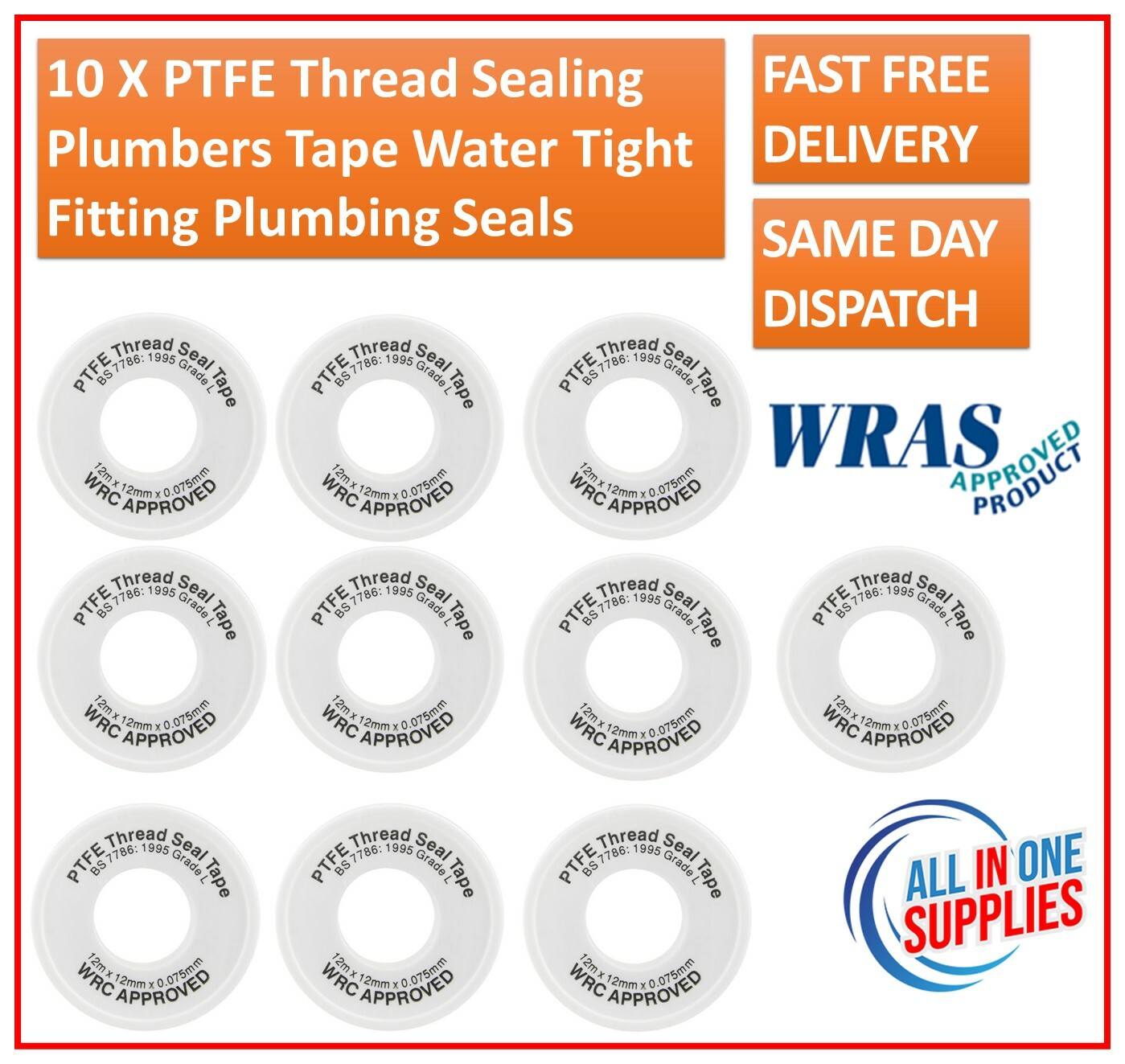 10 X PTFE Thread Sealing Plumbers Tape Water Tight Fitting Plumbing