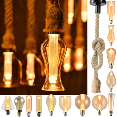 Retro Industrielampe Hanfseil Hängeleuchte Seil Pendelleuchte Deckenlampe E27 - Bild 1 von 4