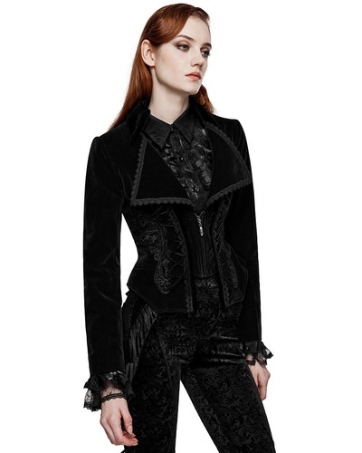 Punk Rave Womens Gothic Velvet & Lace Riding Jacket - Black - Picture 8 of 13